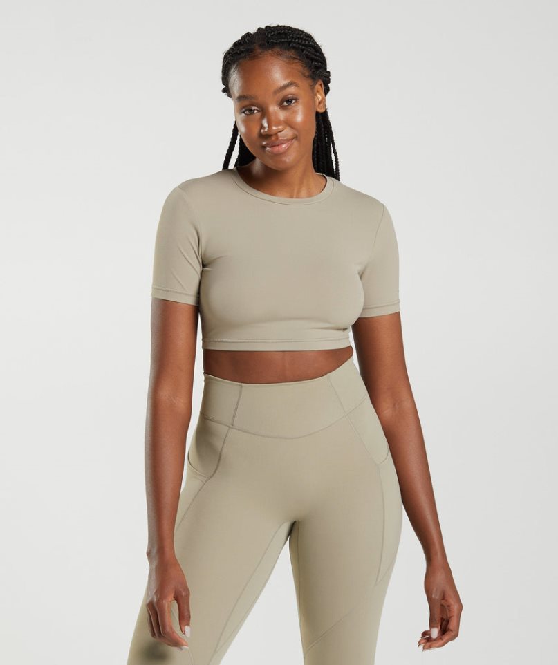 Women\'s Gymshark Whitney Short Sleeve Cropped Tops Khaki | CA 6D8A57